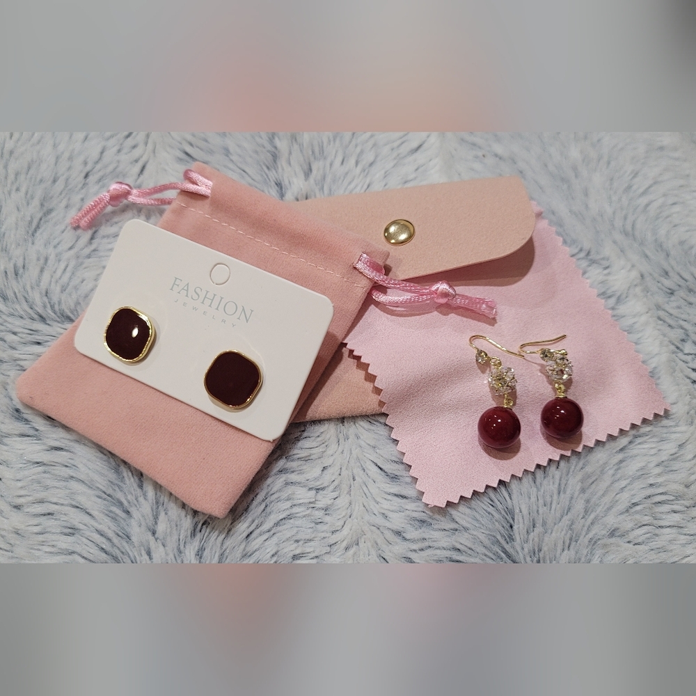 Fashion Jewelry Burgundy and Gold Earring Set — Studs and Drop Dangles
